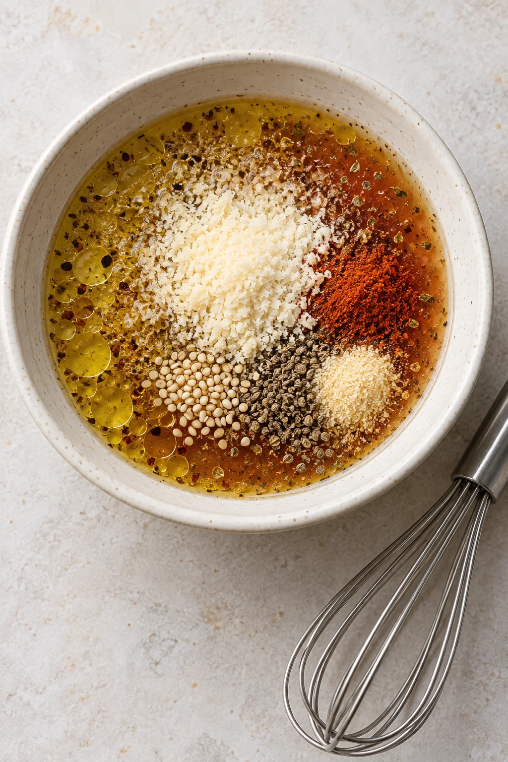 Parmesan, sesame seeds, paprika, celery seeds, and garlic powder added to Italian dressing