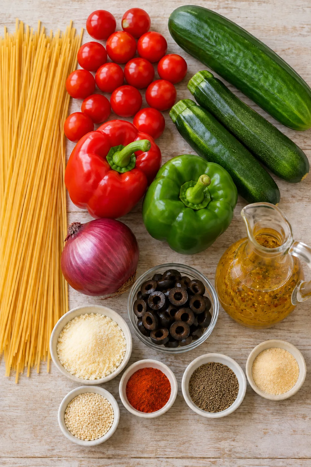 Spaghetti, fresh vegetables, olives, Italian dressing, Parmesan, seeds, and spices