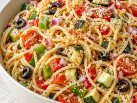 California spaghetti salad with colorful vegetables and sliced black olives in an ivory bowl