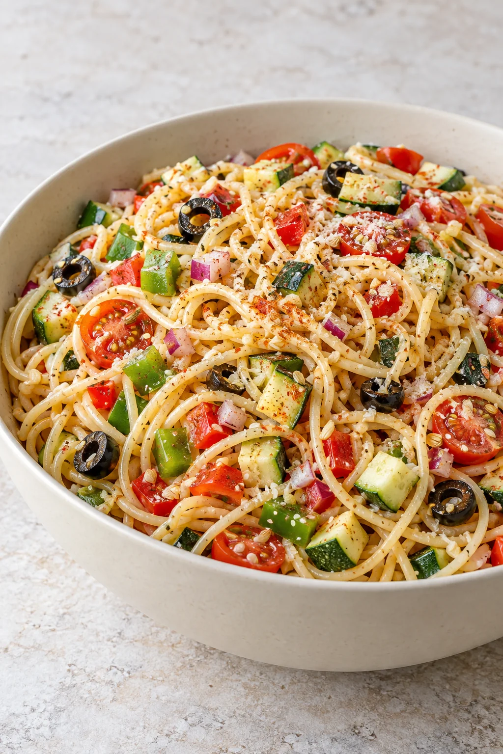 California spaghetti salad with colorful vegetables and sliced black olives in an ivory bowl