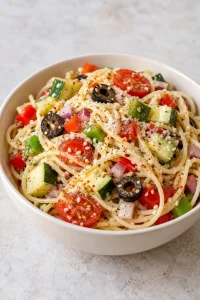 A cold serving of California spaghetti salad showing pasta, vegetables, and black olives