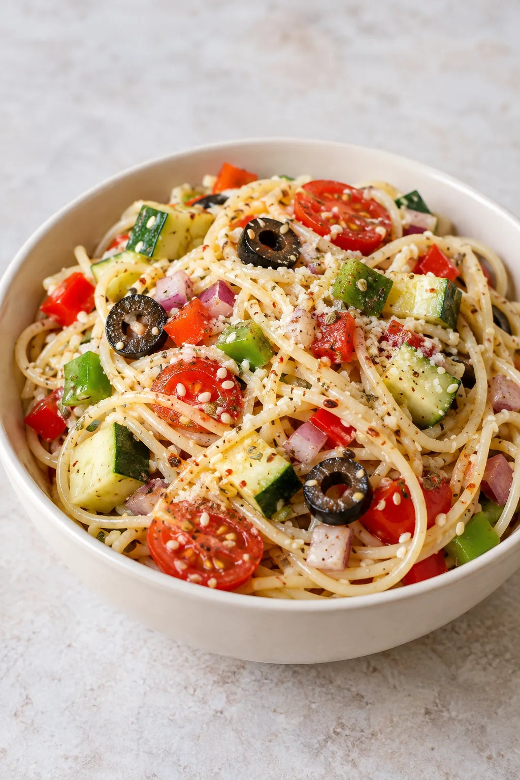 A cold serving of California spaghetti salad showing pasta, vegetables, and black olives