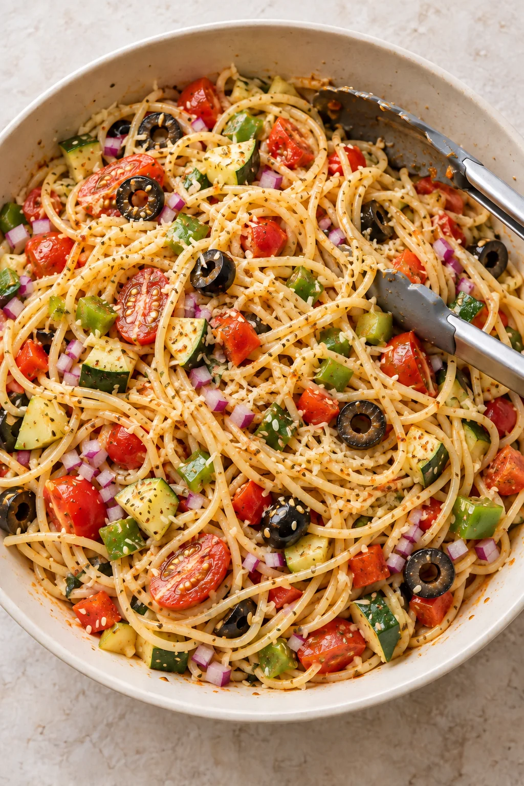 Spaghetti and vegetables evenly tossed with the Italian Parmesan dressing