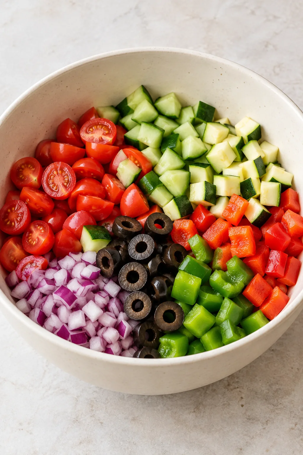 Prepared vegetables and black olives in a large mixing bowl