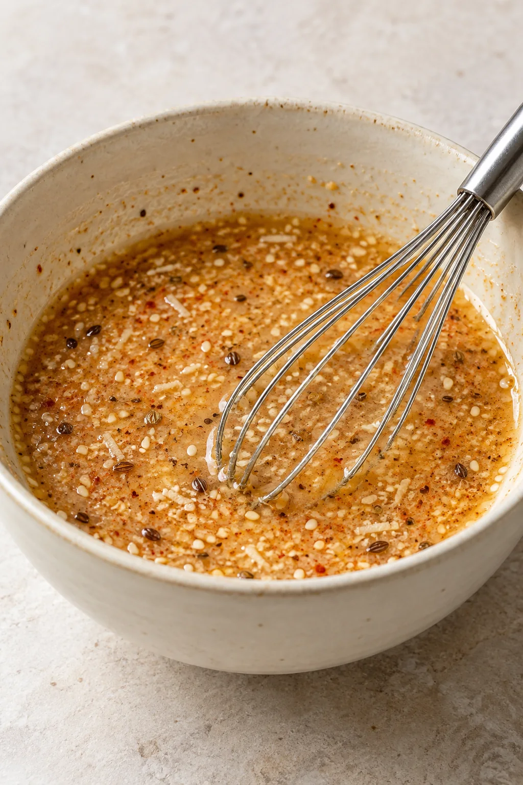 Seasoned Italian Parmesan dressing whisked together in a small bowl