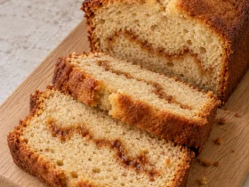 Caramel cream cheese bread with thick slices showing a golden caramel swirl