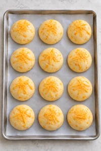 Puffy unbaked cheddar buns brushed with egg wash and topped with grated cheese