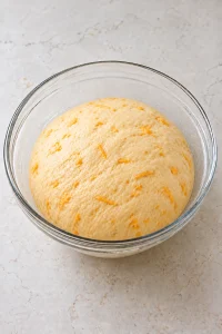 Cheddar dough risen to roughly twice its starting size