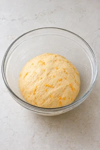 Kneaded dough with cheddar mixed through it before the first rise