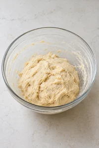 Soft shaggy dough after the flour is mixed into the milk mixture