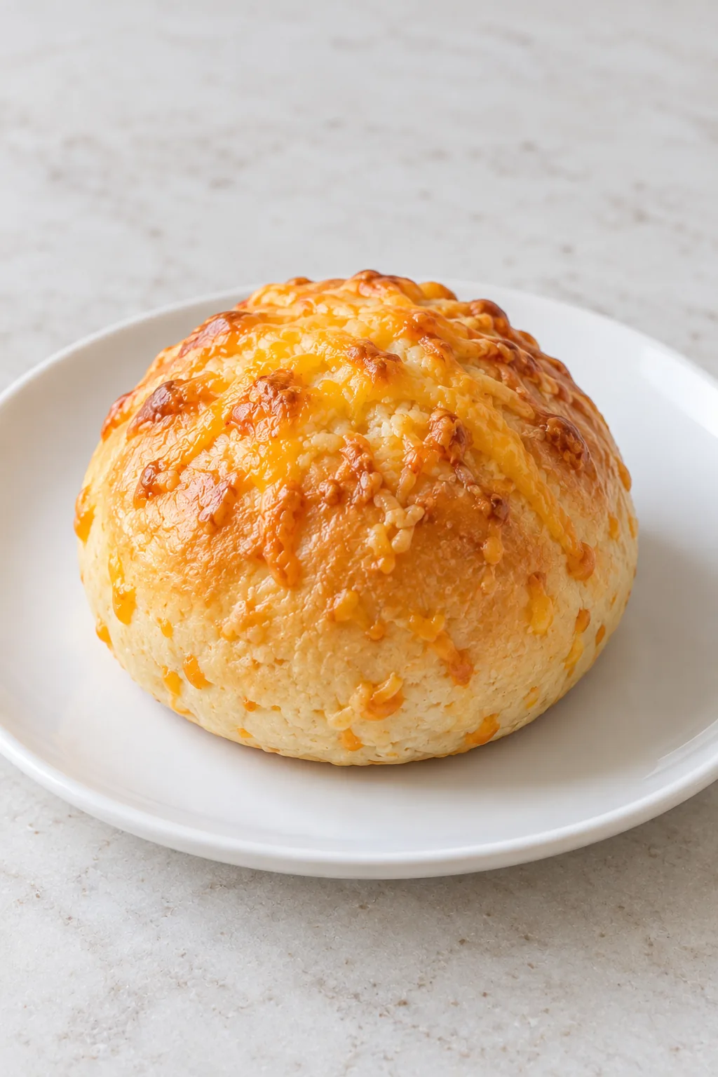 A whole cheddar cheese bun showing its golden crust and melted cheese topping