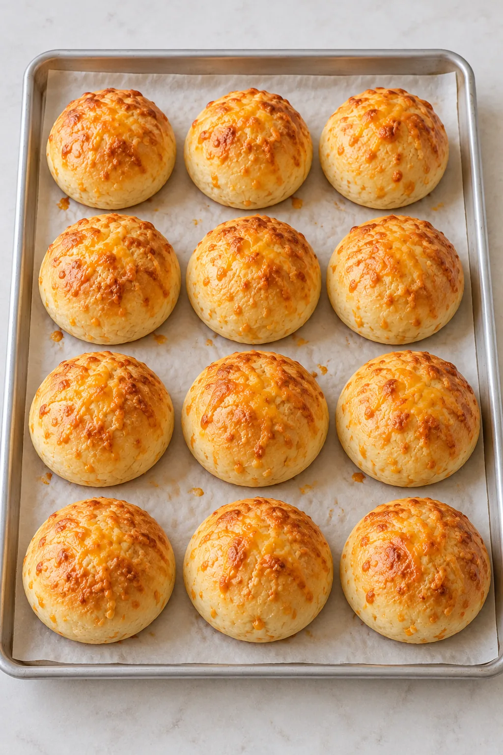 Twelve golden cheddar cheese buns baked on a parchment-lined sheet pan