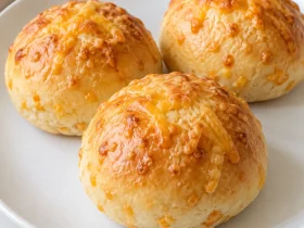 Whole golden cheddar cheese buns on a white plate
