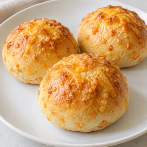 Whole golden cheddar cheese buns on a white plate