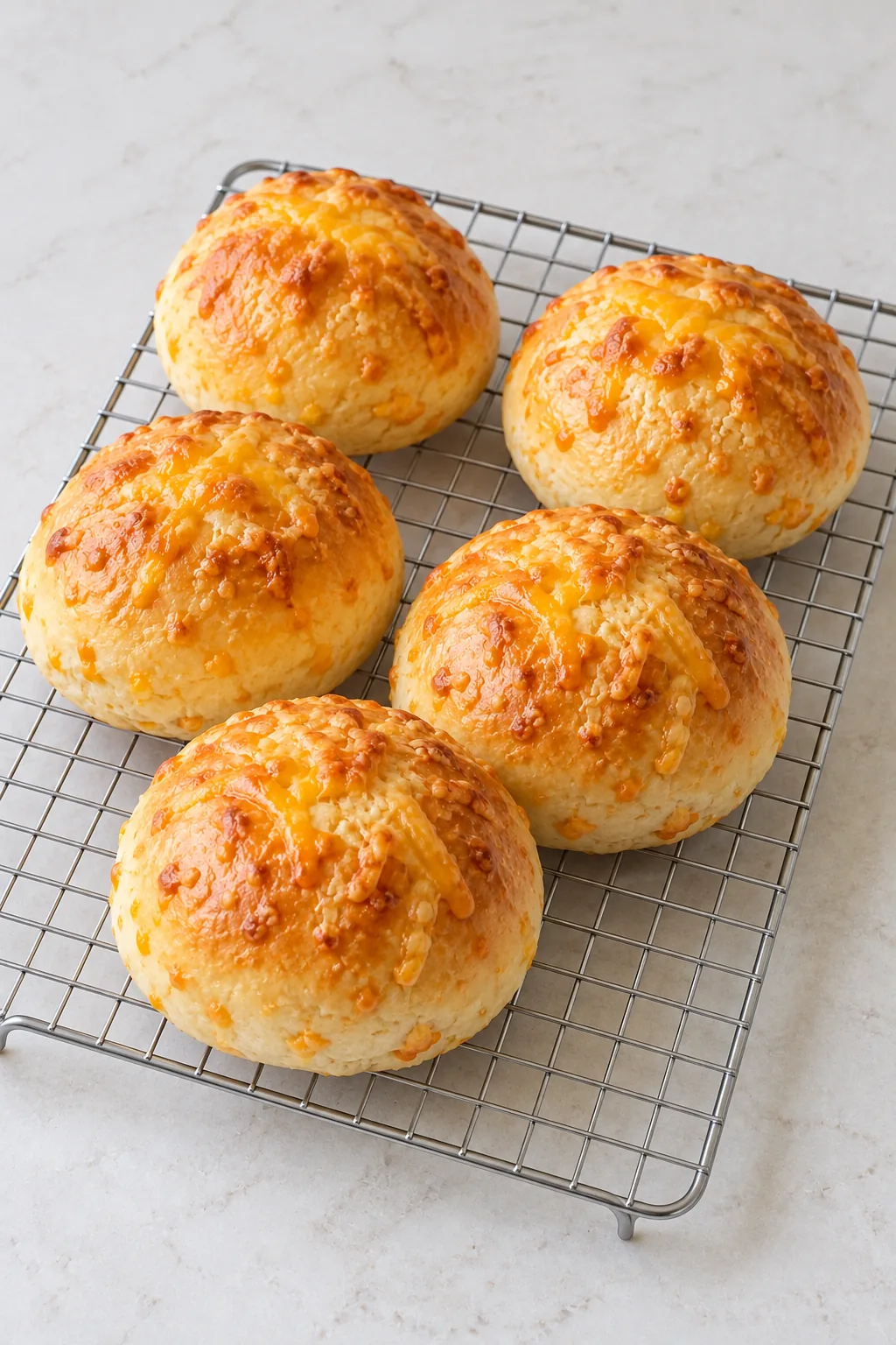 Whole cheddar cheese buns cooling upright on a wire rack