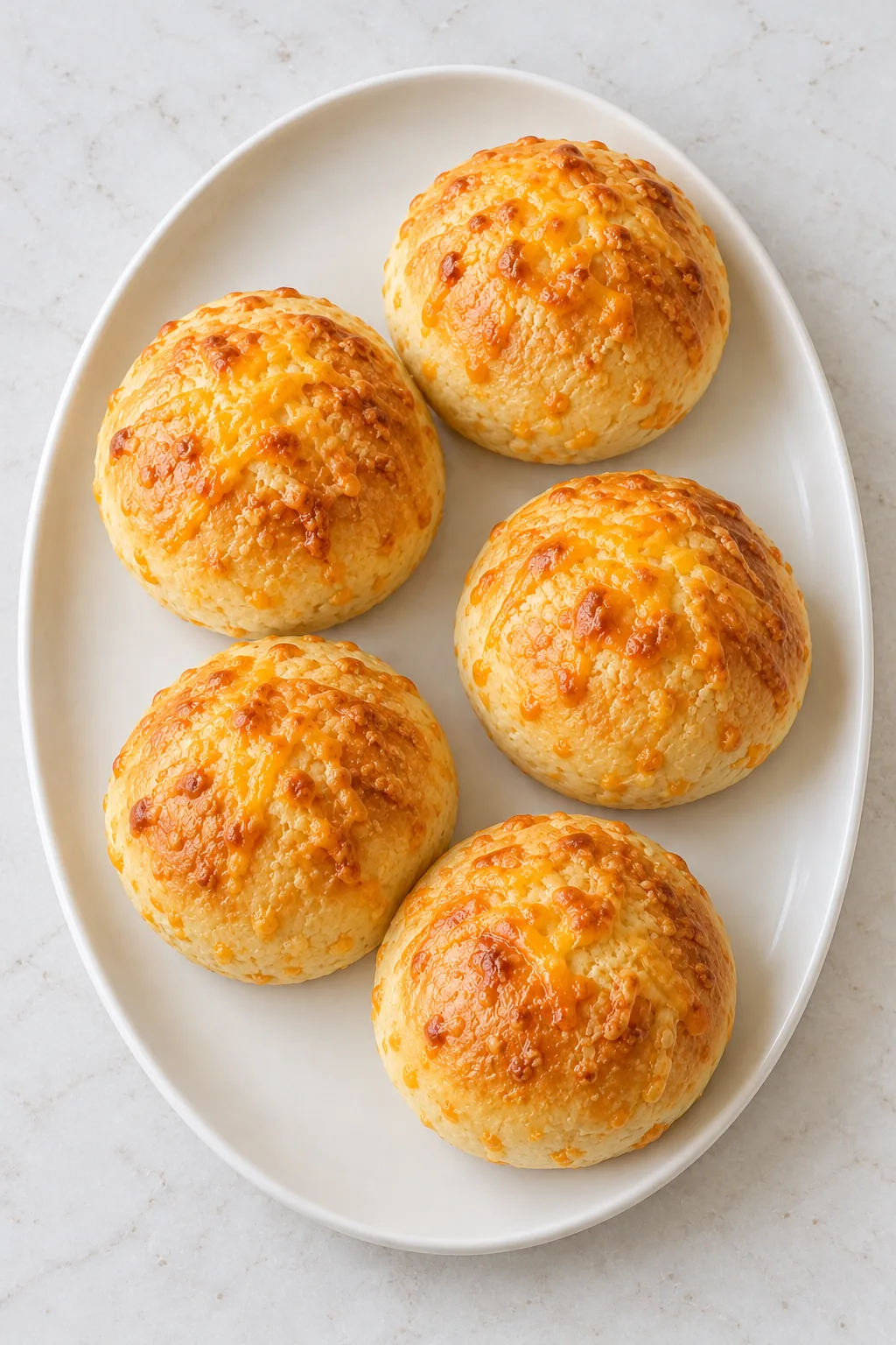 Five finished cheddar cheese buns arranged on a pale serving platter