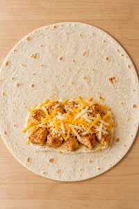 Cooked chicken, cheddar and mozzarella over garlic sauce on a flour tortilla before folding