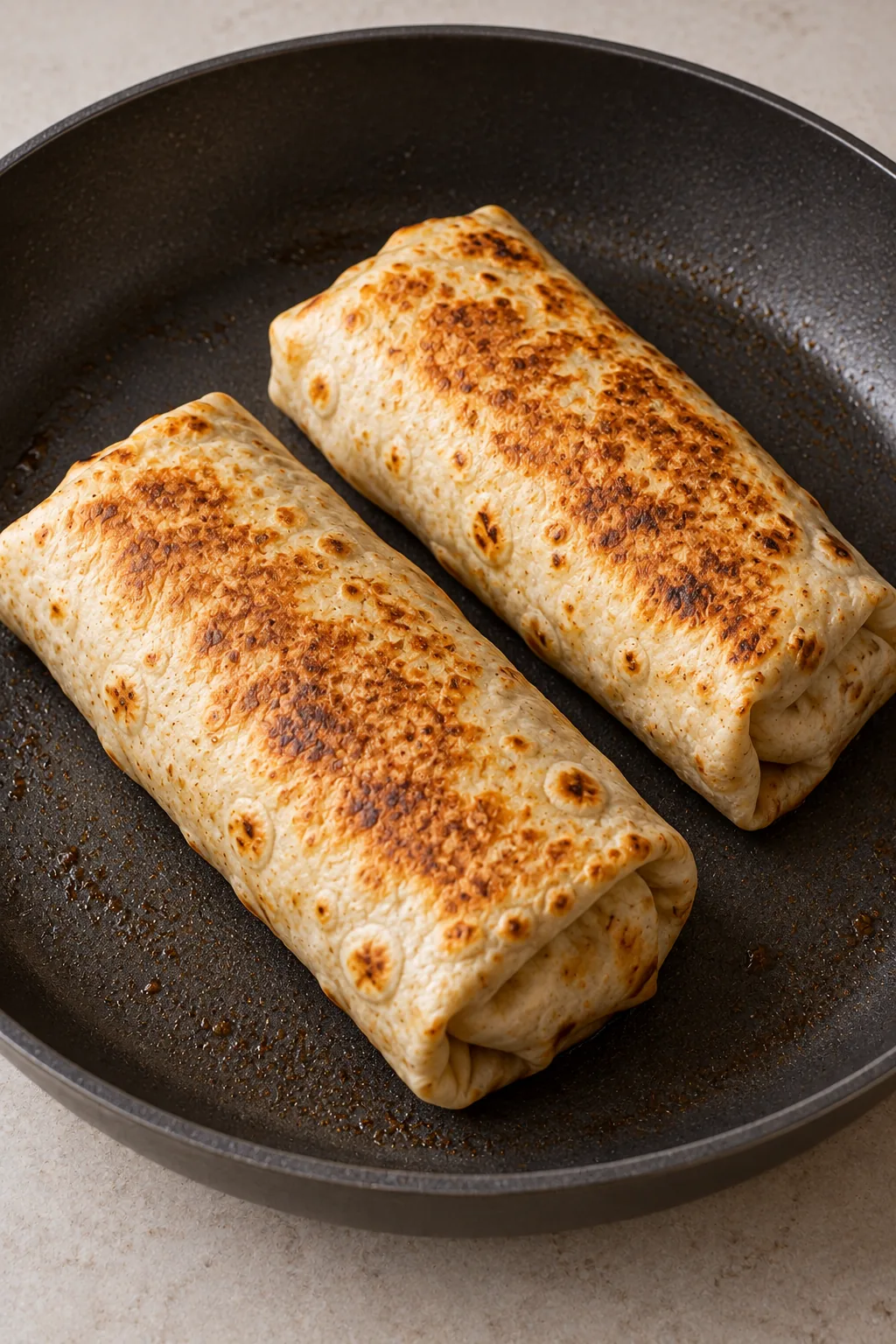 Two whole golden chicken wraps after toasting in a nonstick skillet
