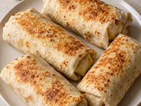 Four whole cheesy garlic chicken wraps with golden skillet patches on a cream plate