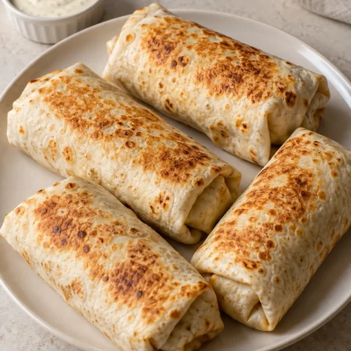 Four whole cheesy garlic chicken wraps with golden skillet patches on a cream plate