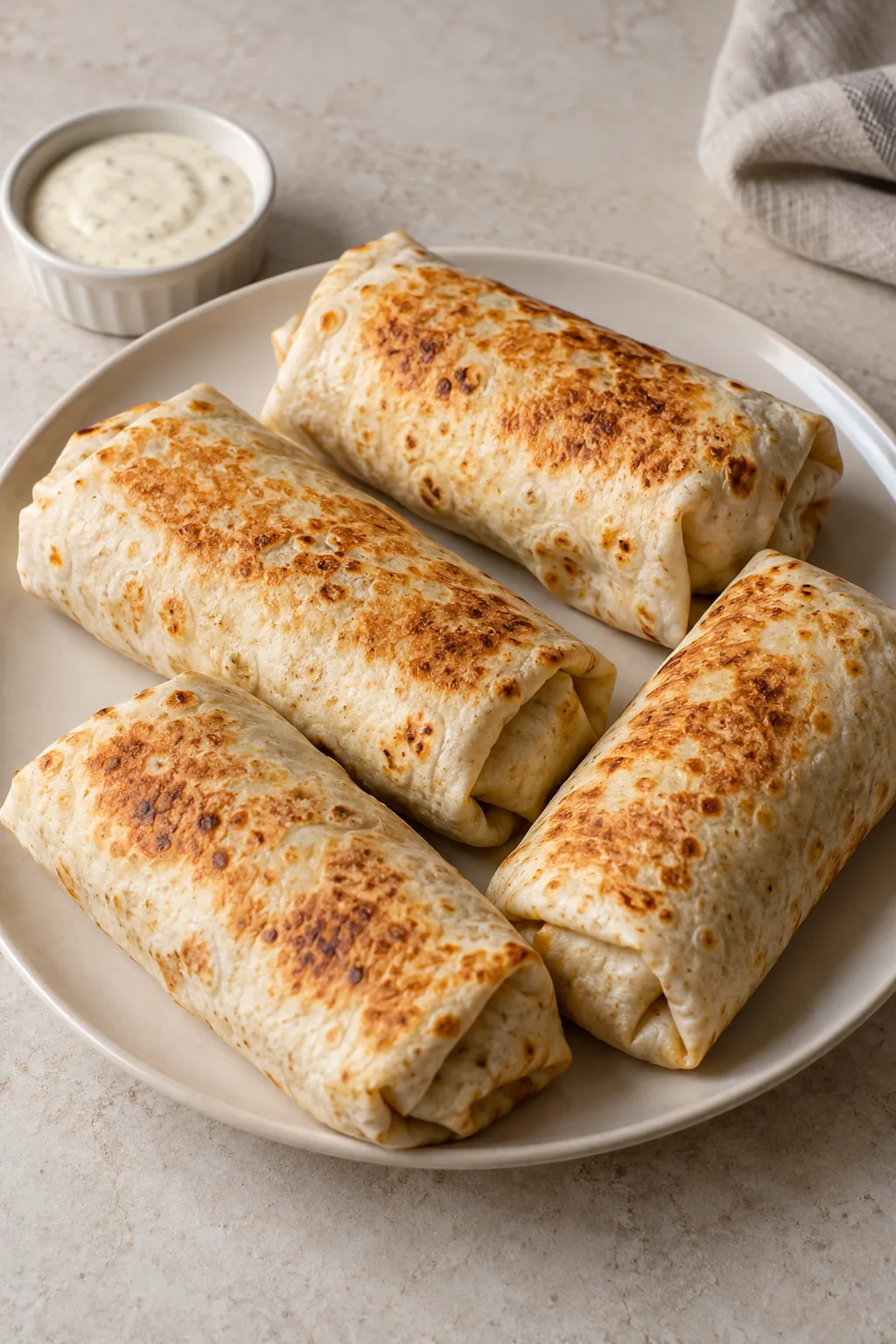 Four whole cheesy garlic chicken wraps with golden skillet patches on a cream plate