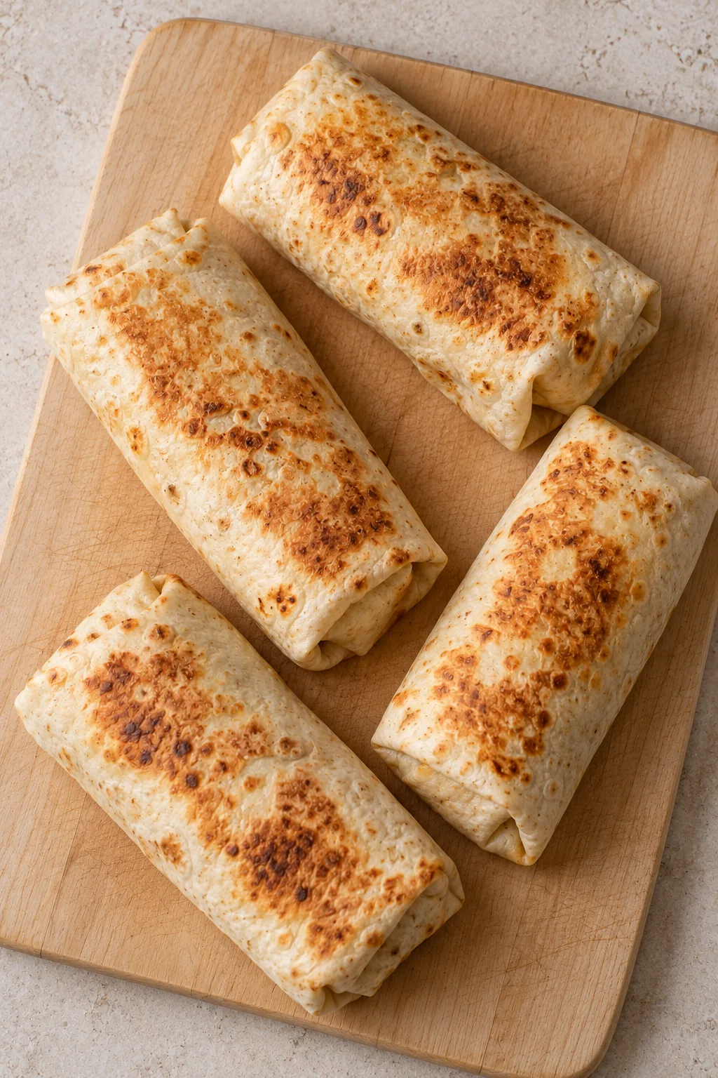 Whole skillet-toasted chicken wraps viewed from above on a pale wooden board