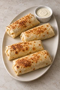 Four whole cheesy garlic chicken wraps ready to serve with a small bowl of garlic sauce