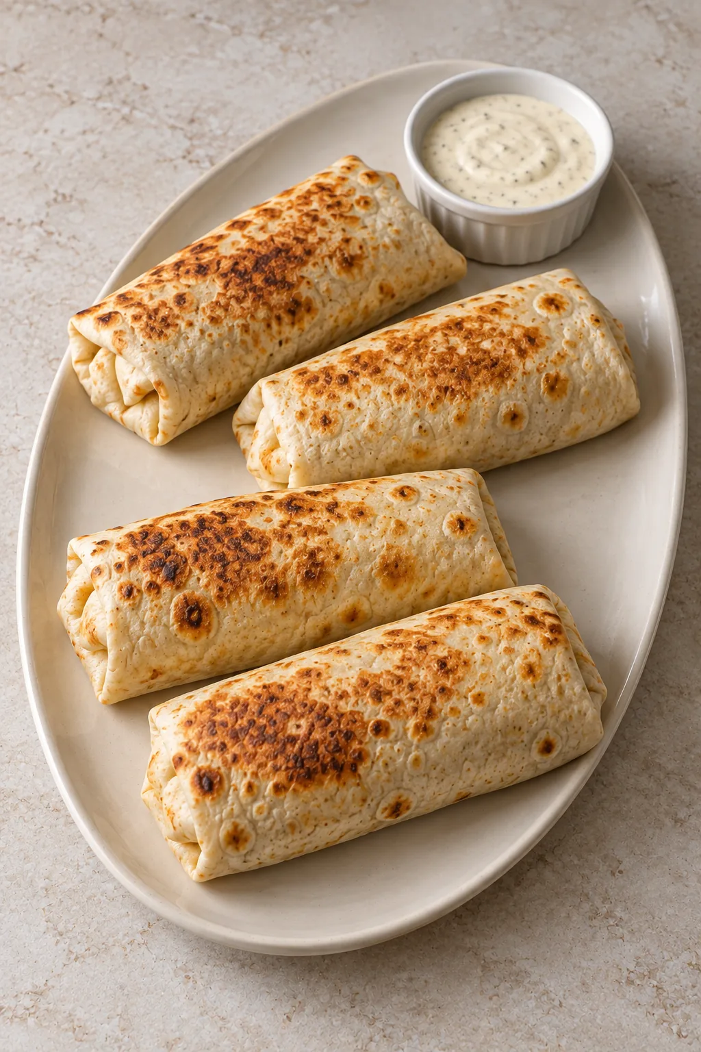 Four whole cheesy garlic chicken wraps ready to serve with a small bowl of garlic sauce