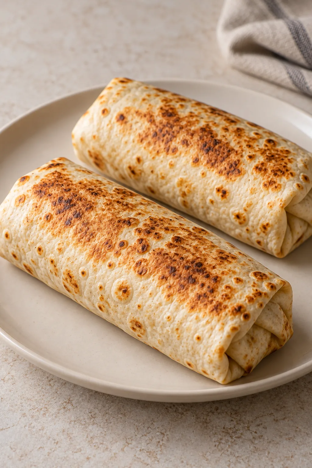 Close view of the toasted tortilla texture on whole chicken wraps