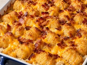 Chicken bacon ranch tater tot casserole with golden tots, melted cheddar and crumbled bacon in a navy baking dish