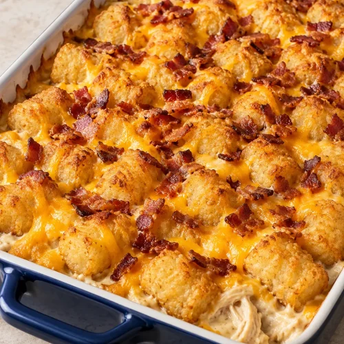Chicken bacon ranch tater tot casserole with golden tots, melted cheddar and crumbled bacon in a navy baking dish