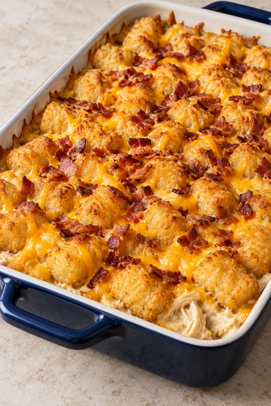 Chicken bacon ranch tater tot casserole with golden tots, melted cheddar and crumbled bacon in a navy baking dish