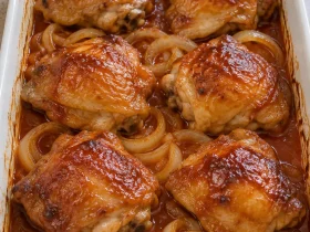Six baked Chicken Charleston thighs with soft onion rings and reddish-brown sauce in a white baking dish
