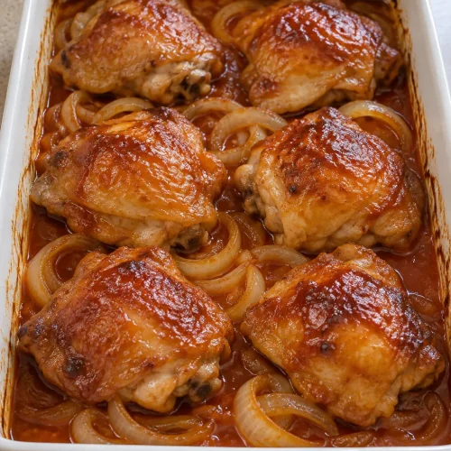 Six baked Chicken Charleston thighs with soft onion rings and reddish-brown sauce in a white baking dish