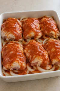Six unbaked chicken thighs over onion rings with red Russian dressing spread across the skin