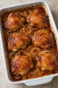 Six browned Chicken Charleston thighs after baking with tender onion rings and sauce between the pieces