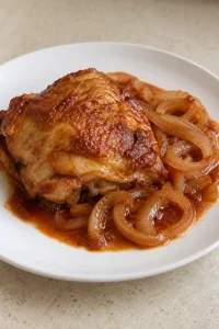 One whole baked Chicken Charleston thigh on a white plate with soft onion rings and a little sauce