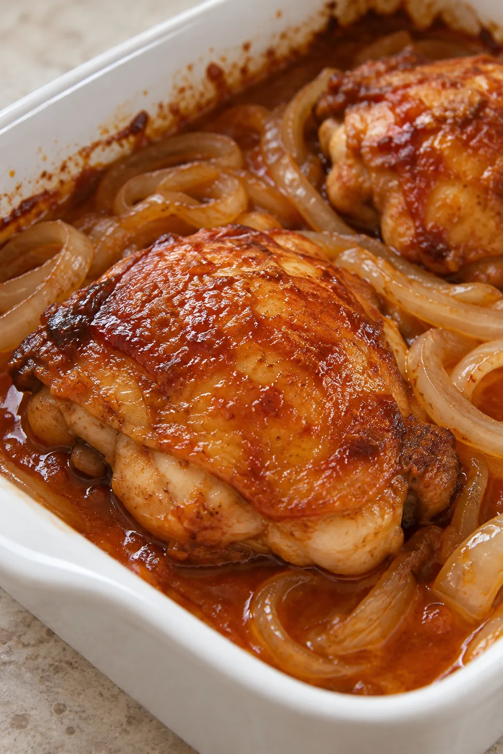 Close view of the browned skin on a whole Chicken Charleston thigh beside soft onions in the baking dish