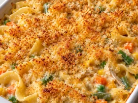 Chicken noodle casserole in a white baking dish with a golden Panko topping and creamy chicken, noodles, and vegetables