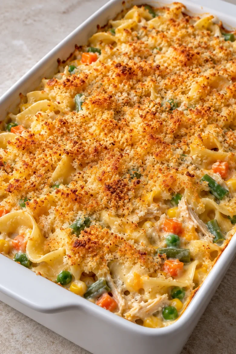 Chicken noodle casserole in a white baking dish with a golden Panko topping and creamy chicken, noodles, and vegetables