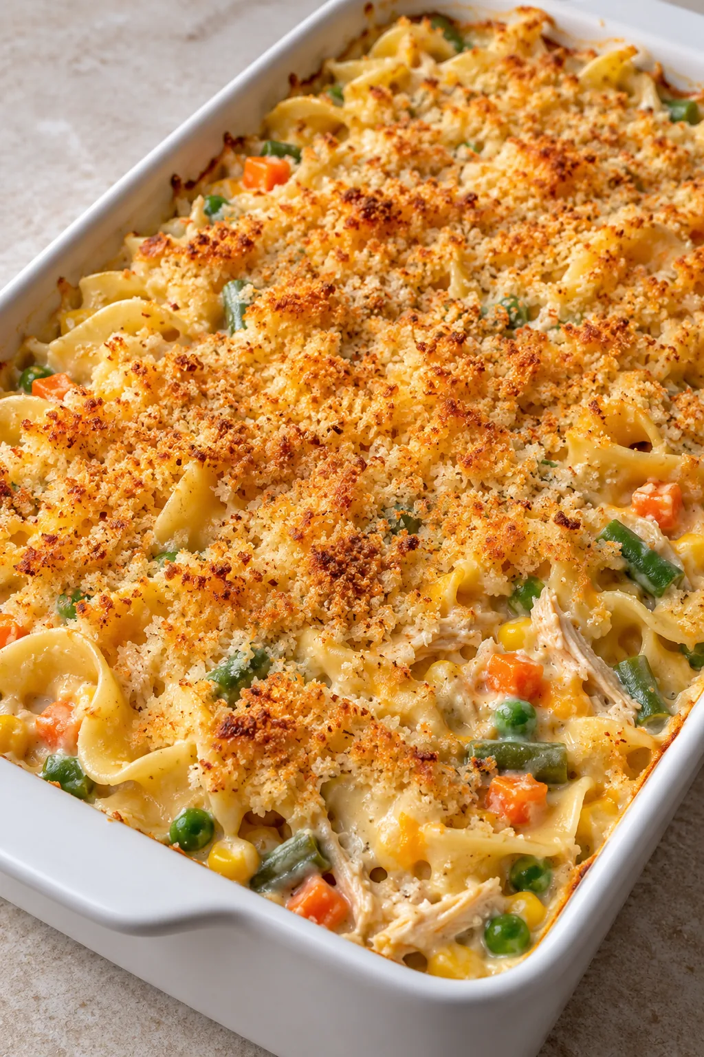 Chicken noodle casserole in a white baking dish with a golden Panko topping and creamy chicken, noodles, and vegetables