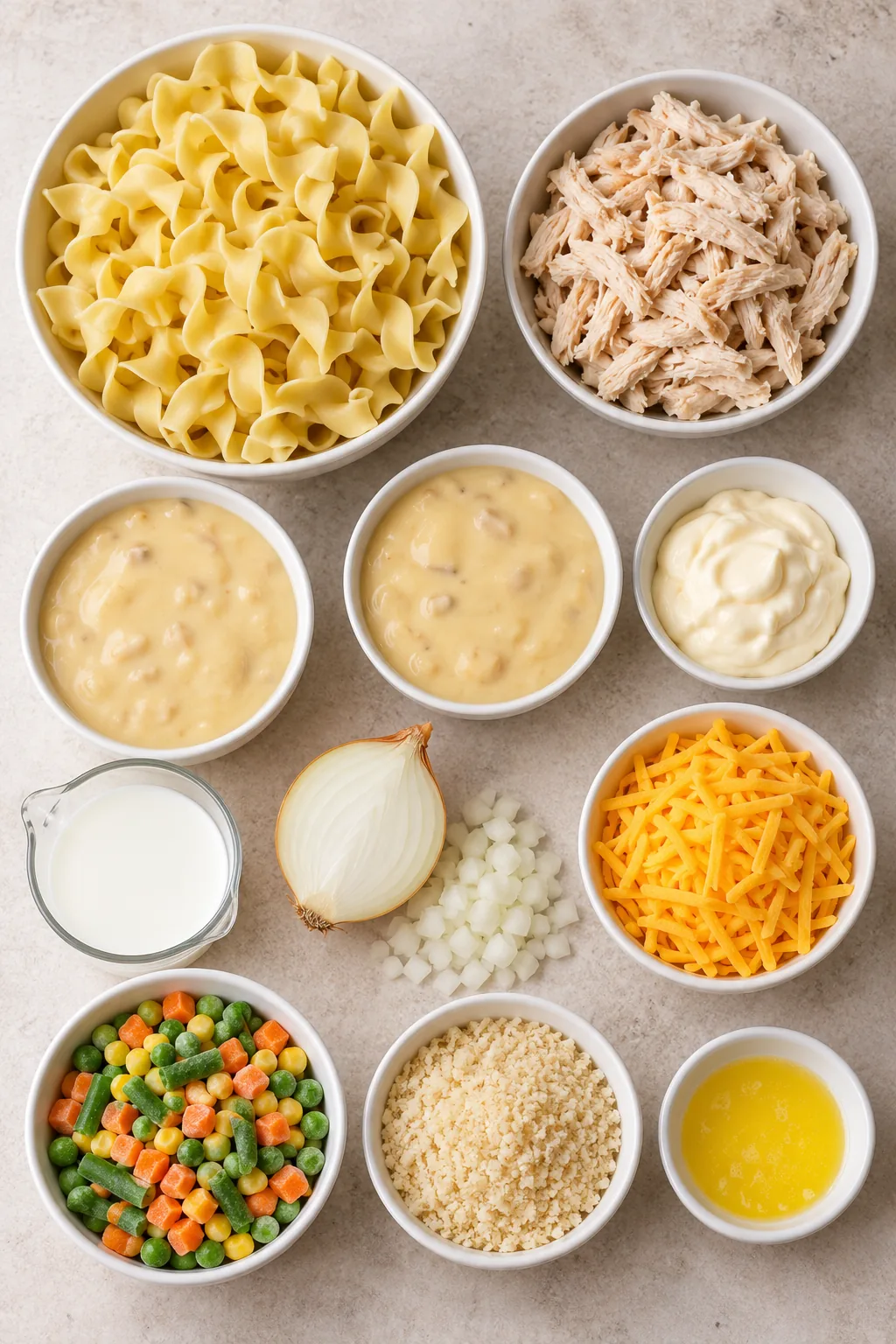 Chicken noodle casserole ingredients including egg noodles, chicken, soup, mayonnaise, milk, onion, cheddar, vegetables, Panko, and butter