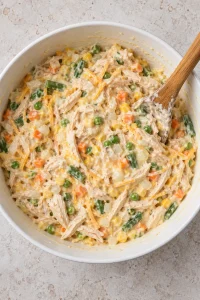 Shredded chicken, mixed vegetables, cheddar, and creamy sauce combined in a white bowl before adding egg noodles