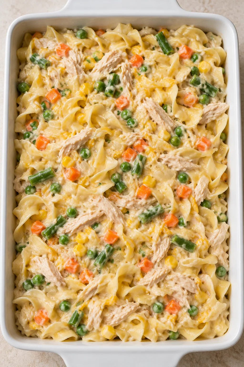 Creamy chicken and egg noodle mixture spread in a white baking dish before adding the Panko topping