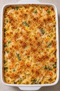 Overhead view of baked chicken noodle casserole with a golden coarse Panko topping