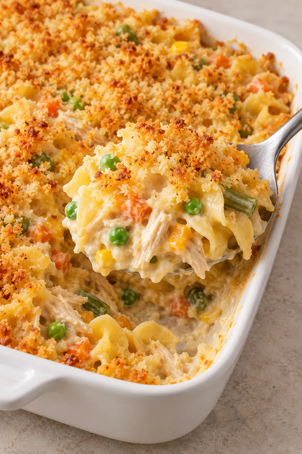 A serving spoon lifting creamy chicken noodle casserole with wide egg noodles, vegetables, and golden Panko crumbs