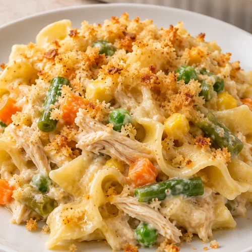A portion of creamy chicken noodle casserole with egg noodles and mixed vegetables under golden Panko crumbs on a white plate