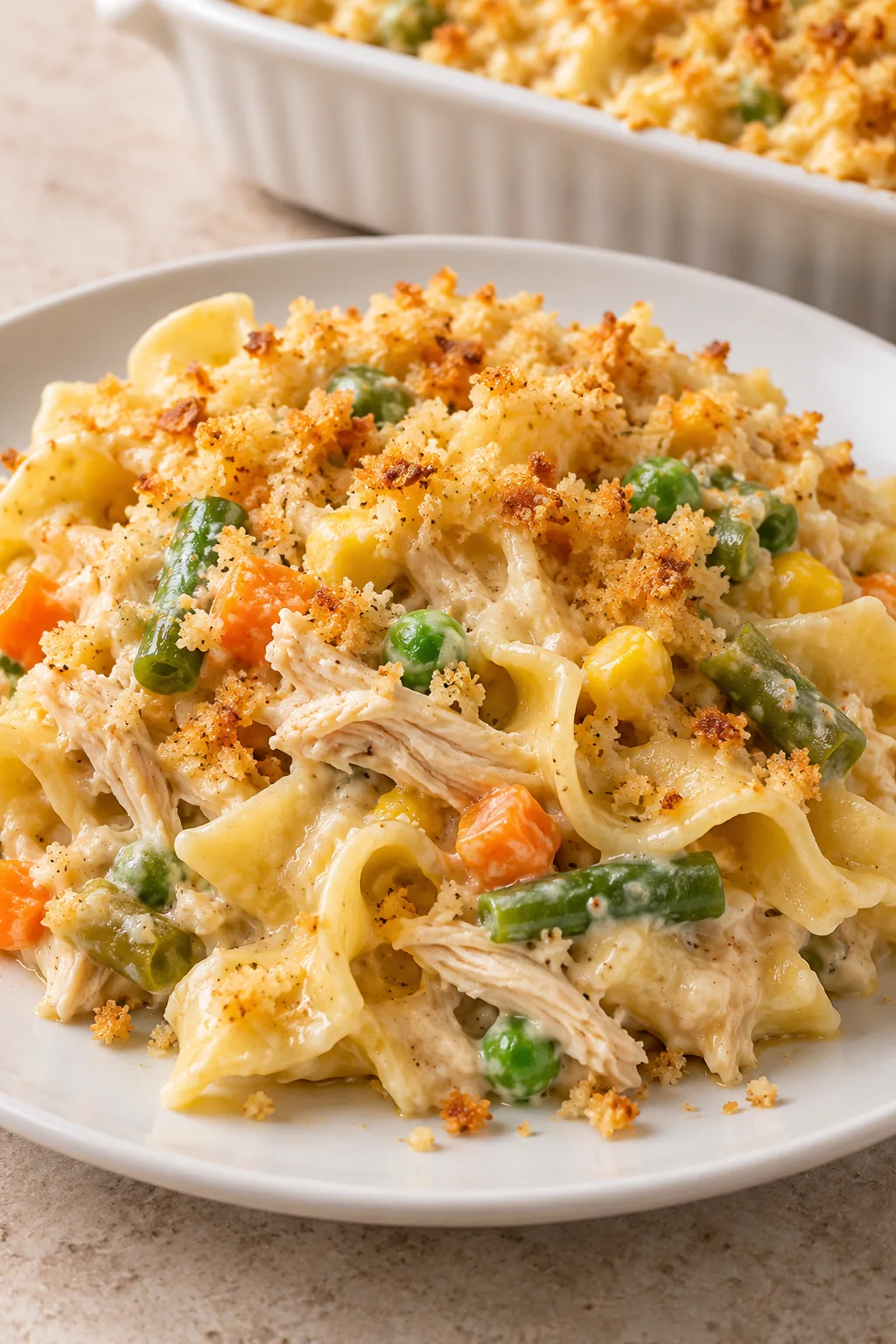 A portion of creamy chicken noodle casserole with egg noodles and mixed vegetables under golden Panko crumbs on a white plate