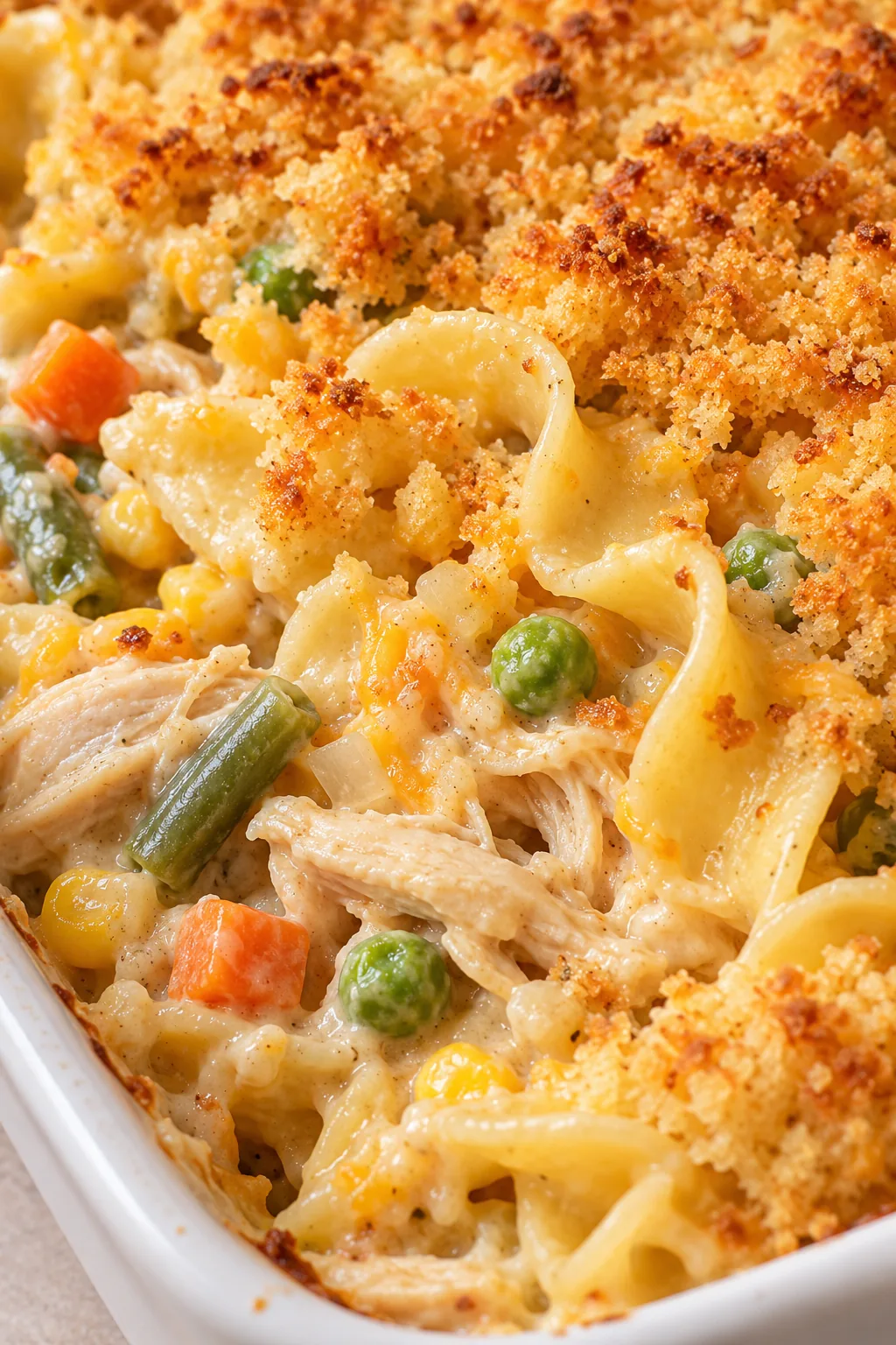 Close-up of golden Panko crumbs over wide egg noodles, shredded chicken, carrots, peas, and creamy sauce