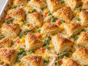 Chicken pot pie bake with golden quartered biscuit pieces over creamy shredded chicken and mixed vegetables